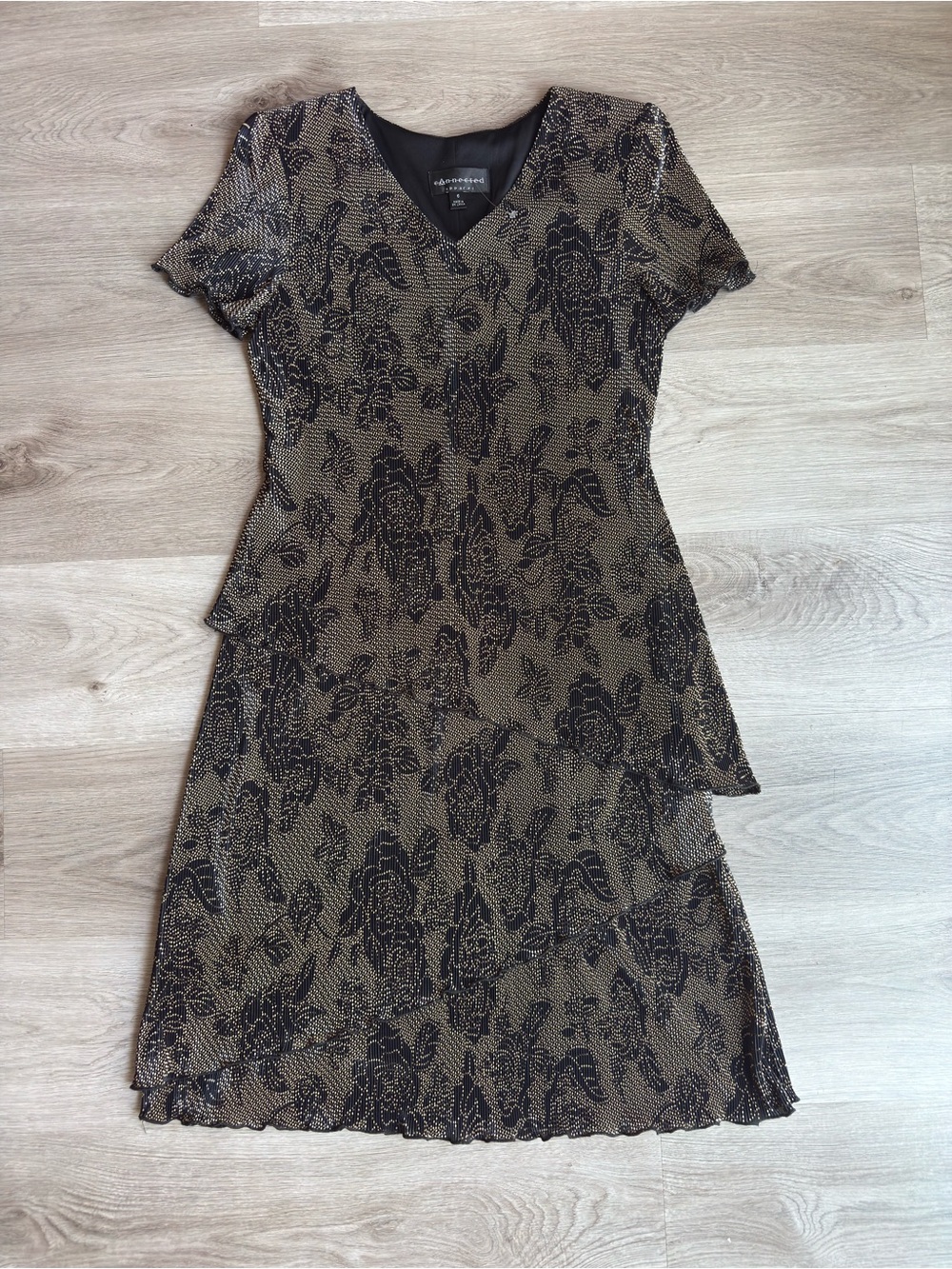 NWOT Connected Apparel Size 6 Black Gold Tiered Midi Dress Shoulder Pads